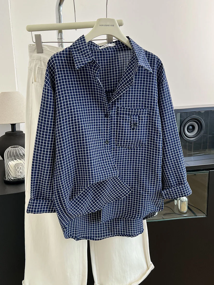 เสื้อเชิ้ตผู้หญิงสไตล์วินเทจ แขนยาว ลายสก็อต ทรงโอเวอร์ไซส์ แฟชั่นฤดูใบไม้ร่วง ฤดูหนาว เสื้อทรงหลวม ปกเสื้อแบบปกเชิ้ต เสื้อทรงหลวม