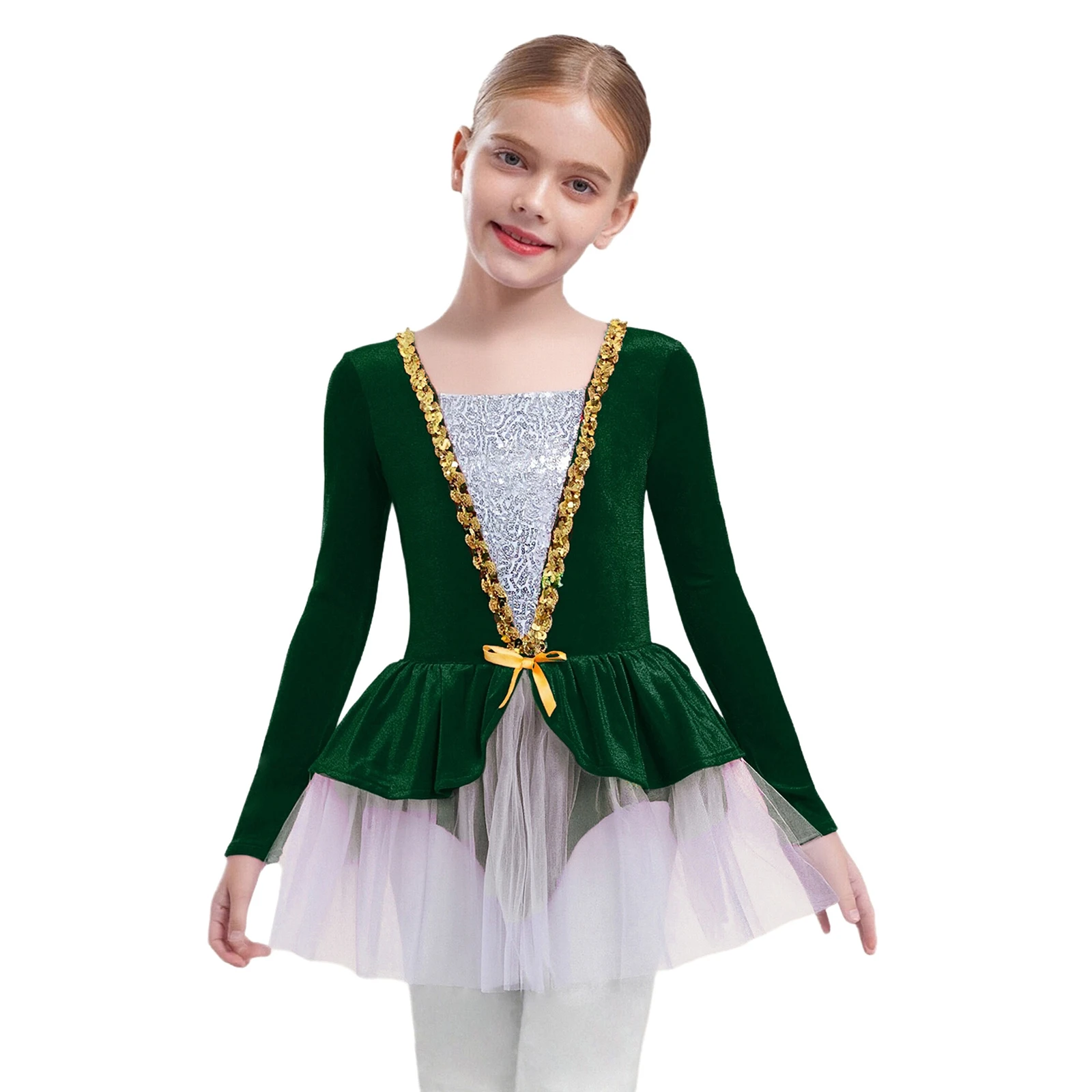Kinderen Meisjes Lyrische Kunstschaatsen Ballet Dans Kostuum Lange Mouwen Glanzende Pailletten Fluwelen Tutu Jurk Turnpakje voor Ballet Dancewear