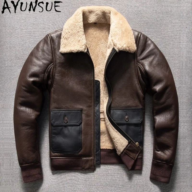AYUNSUE Retro Real Wool Fur Coat Man 2026 Warm Winter Genuine Sheepskin Leather Fur Jacket Men Casual Lamb Wool Coats Jackets