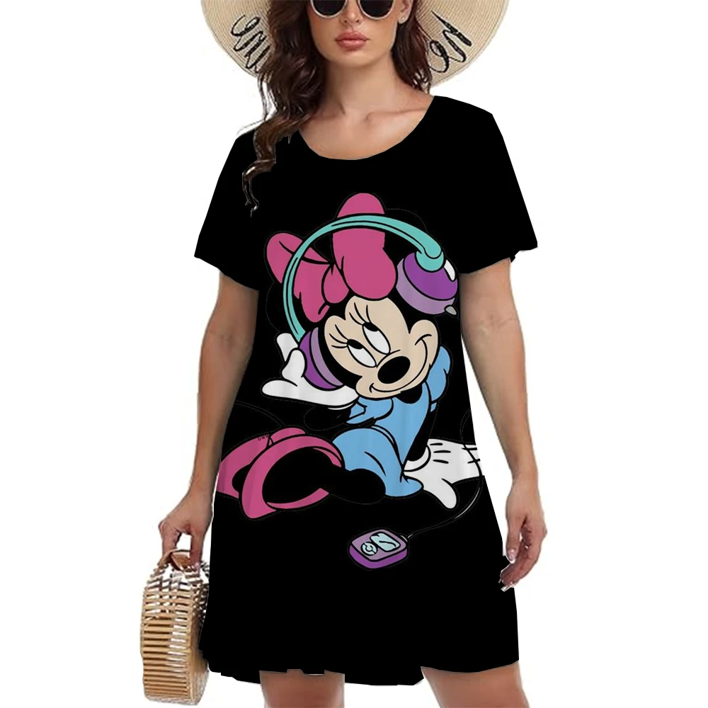 Women\'s casual dress Disney Mickey Mouse pattern printed women\'s mini dress fashionable short sleeved O-neck dress women\'s plus