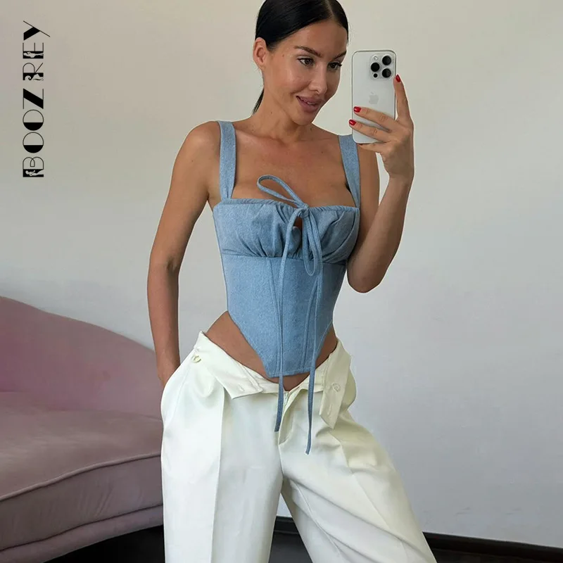 BoozRey 2024 Summer Fashion New Cami Solid Streetwear Tops Women Denim Tank Tops Female Sexy Lace Up Party Clubwear Corset Top