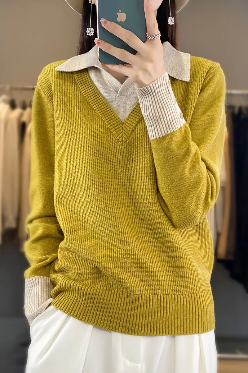 

Fake two pieces of woolen sweater for women's spring and autumn POLO collar color blocking and stylish base sweater pullover