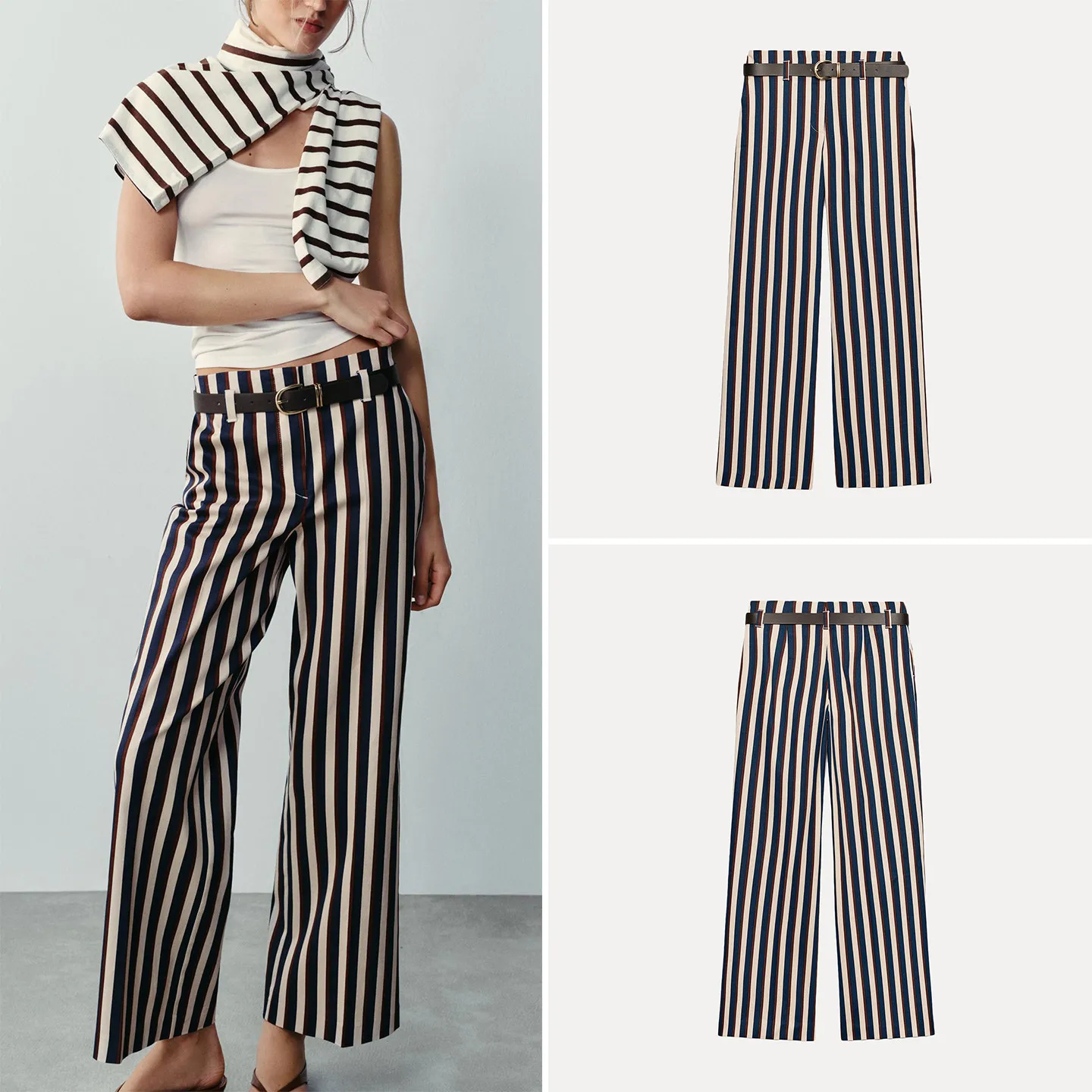 High Waist Striped Casual Pants for Women with Belt Autumn Commuting Style Other Natural Waist Other Material Zadata