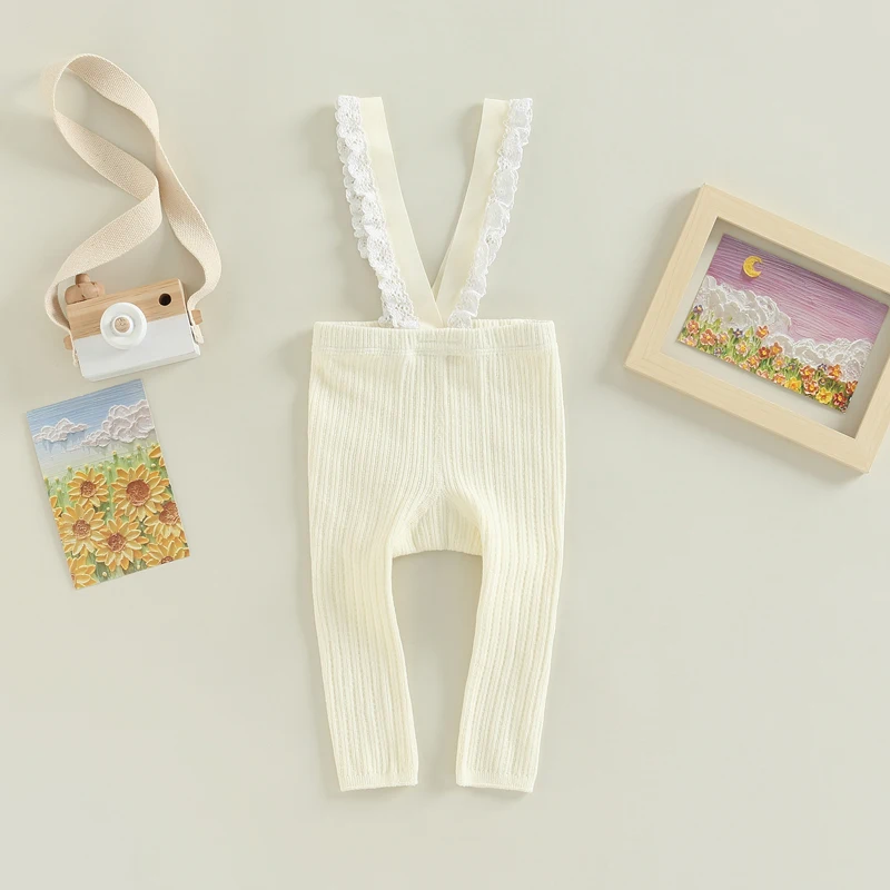 Infant Newborn Baby High Waist Leggings Ribbed Tights Socks Sleeveless Lace Trim Ribbed Knit Overalls Leggings Overalls