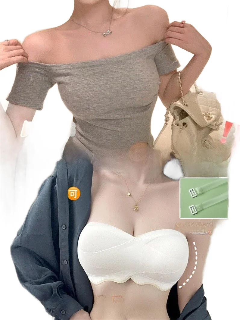 Wireless KUCLUT Sexy Bra Women's Underwear Transparent Gathered Slimming Anti-Slip Sexy Style Four-Row Buckle Thin Cup Tube Top