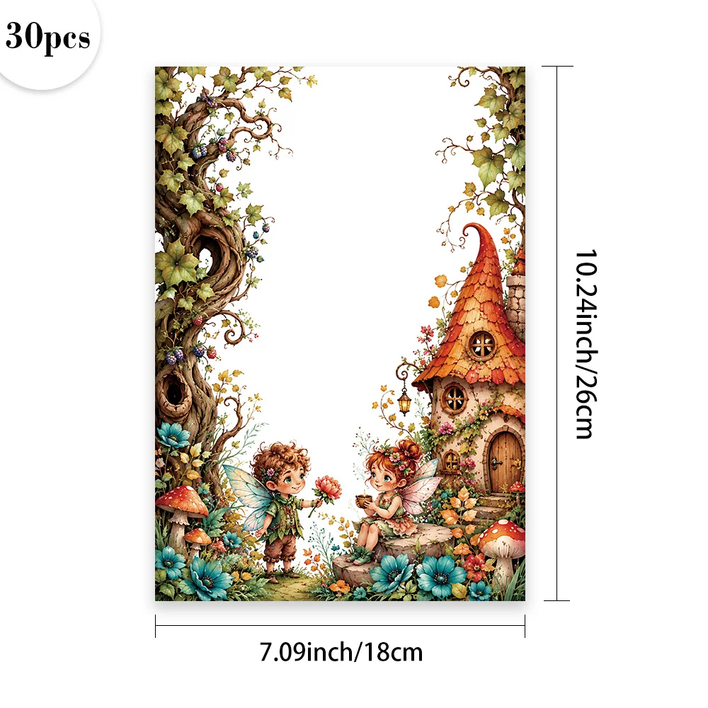 30 Sheets, B5 Autumn Fairy Tale Elf Theme Writing Paper, Lined, No Glue, Very Suitable For Notebooks, Memos, And Stickers