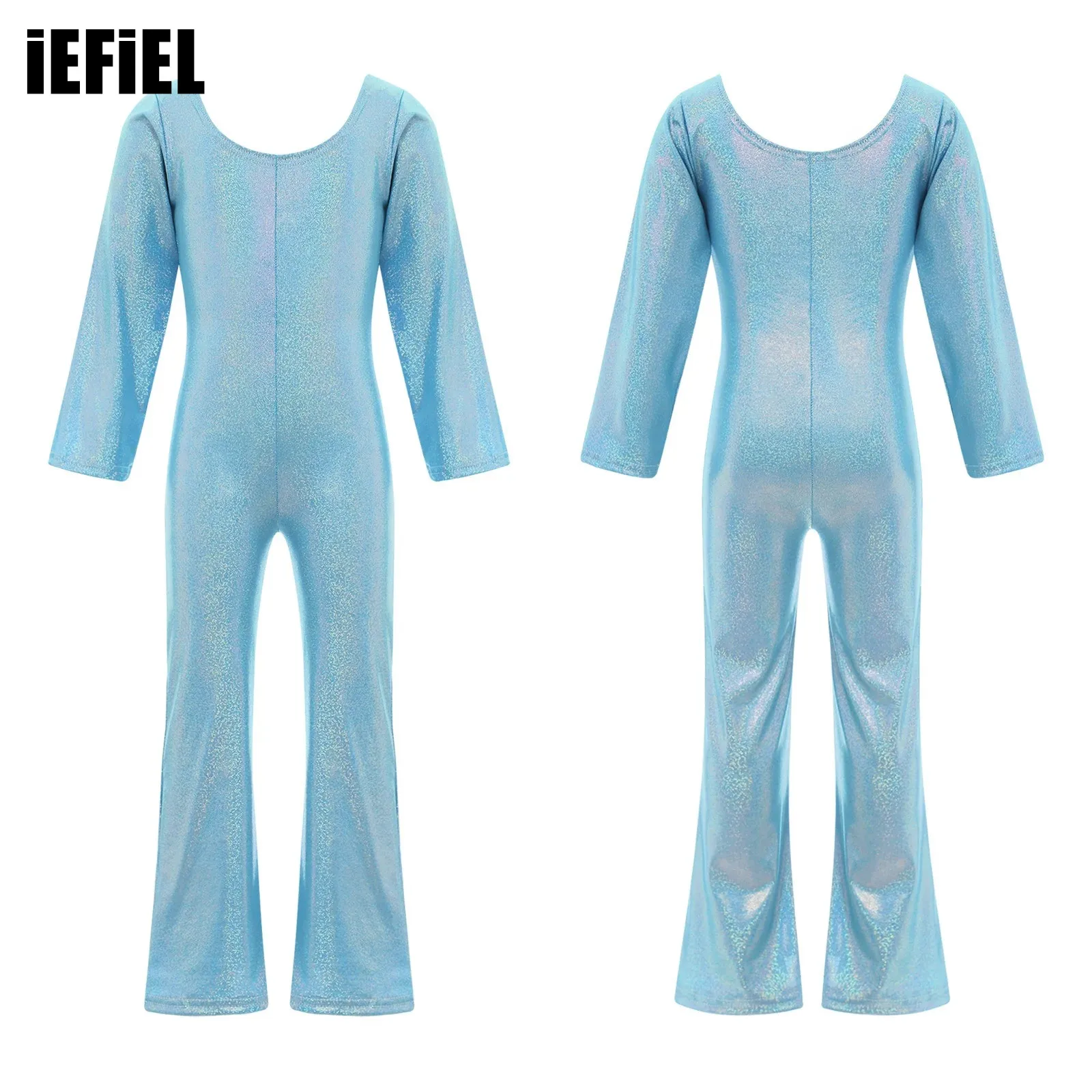 

Kids Girls Shiny Dance Jumpsuit Scoop Neck Long Sleeve Bell-Bottomed Bodysuit Stage Performance Costume