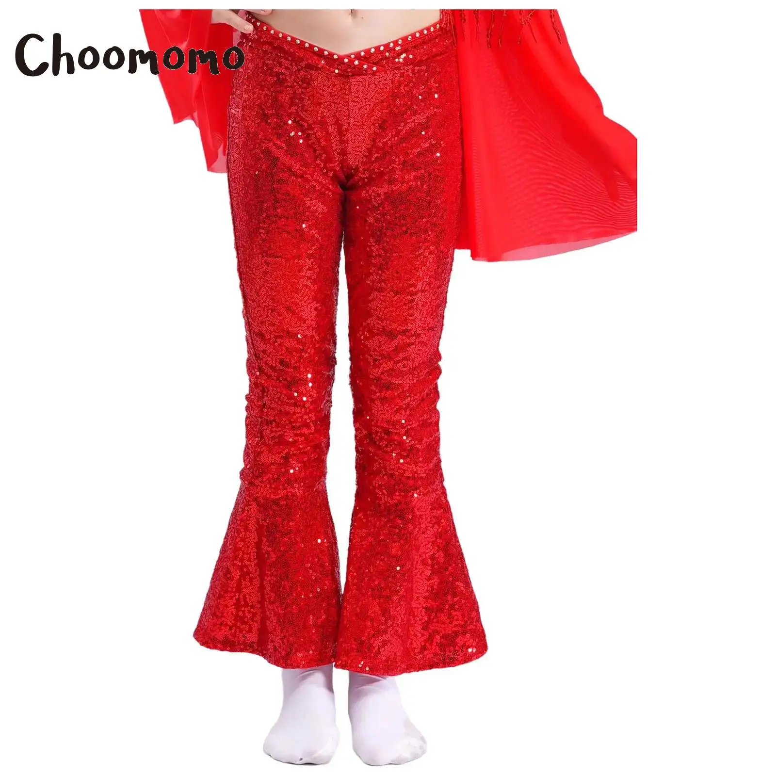 

Children Girls Jazz Dance Pants V-Front Waistline Rhinestone Adorned Sequin Zipper Flared Hem Pants for Performance Competition