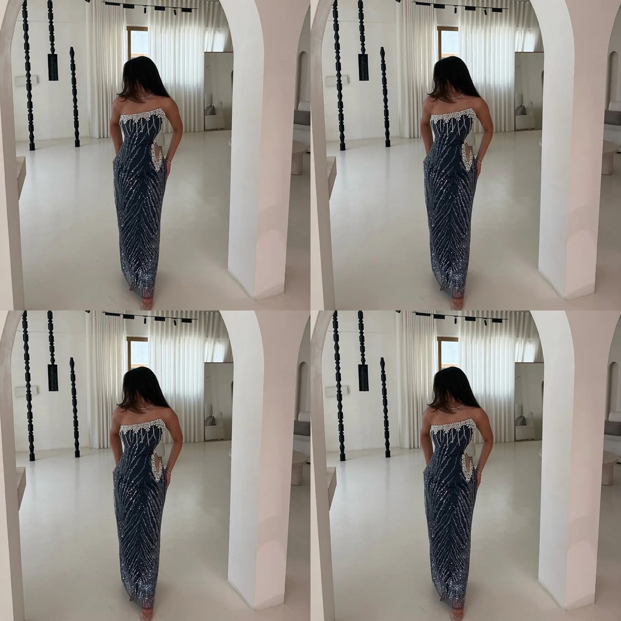 

فساتين سهره Customized Strapless Shiny Beading Crystal Sheath Formal Evening Dress Backless Long Luxury Party Gown for