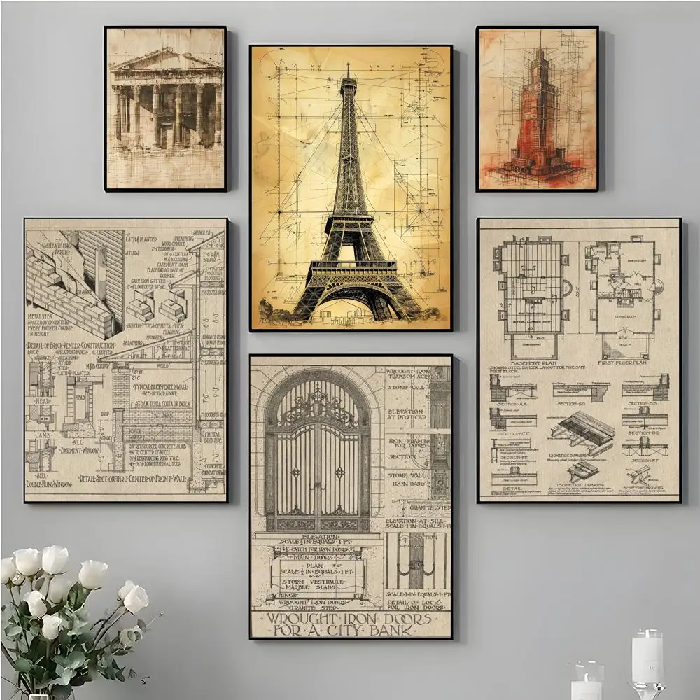 Simple Drawing Classical Architectural Drawings Poster Top-Quality Poster For Household Room Bar Cafe Wall Art Decor & Gift Item