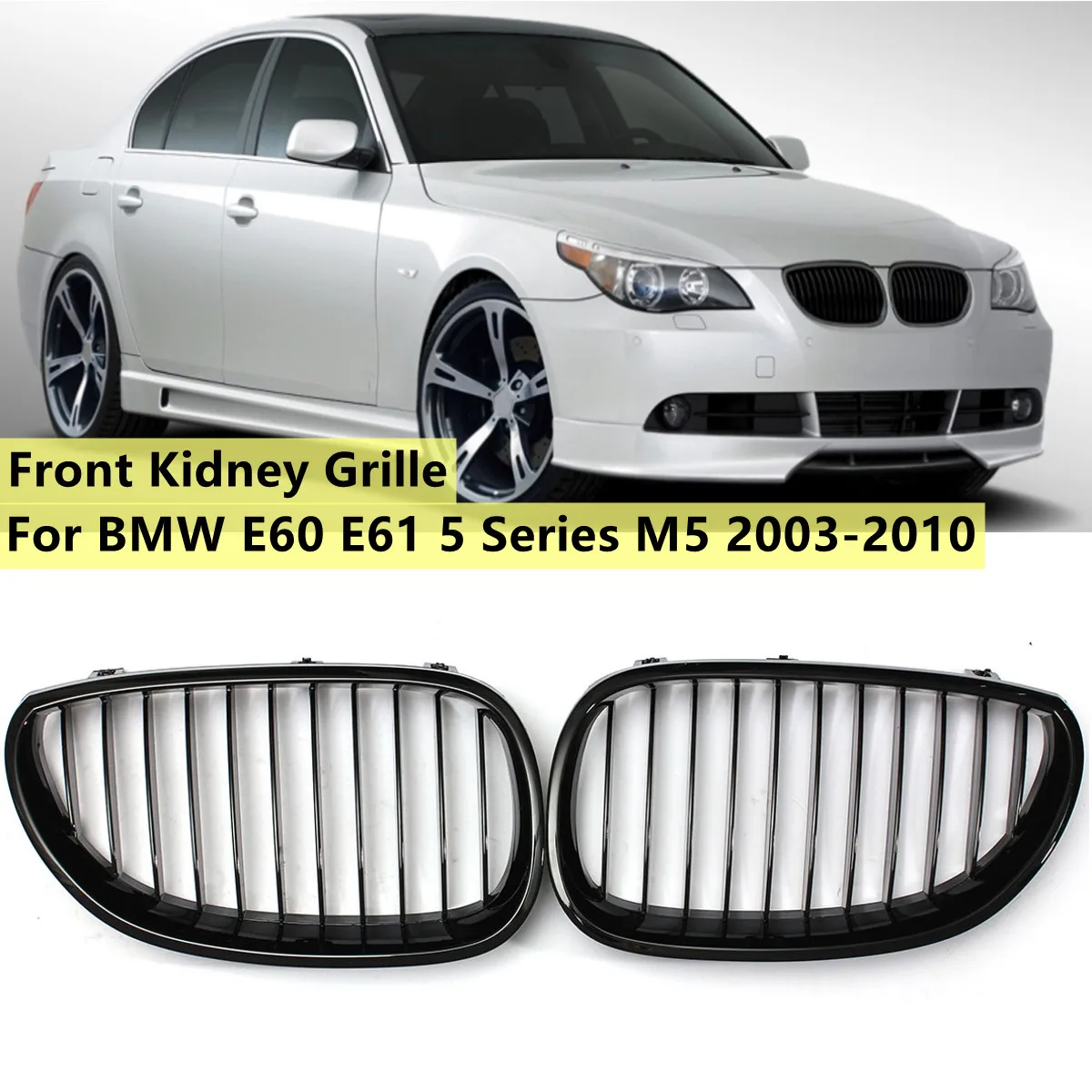 Glänzend schwarzer Grill vorne Nieren-Sportgitter Haubengrill für BMW E60 E61 5er M5 525I 525Xi 528I 528Xi 530I 530Xi 2003–2009