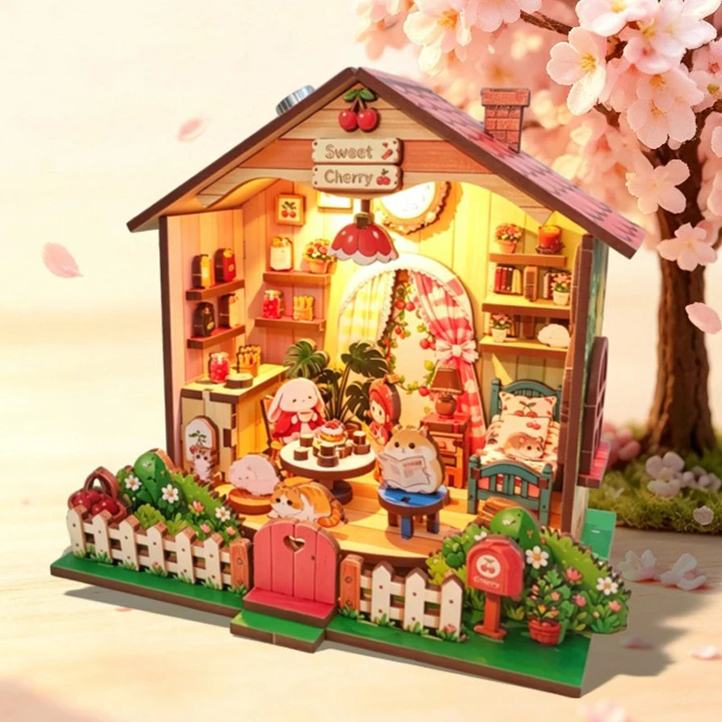 DIY Wooden Sweet Cherry Store Cottage Miniature Model Kits With Furniture Puzzles Casa Dollhouse for Friends Birthday Gifts