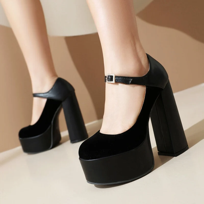 REAVE CAT 2024 Janes Women Pumps Shoes Round Toe 14cm Thick Block Heel 5cm Platform Suede Leather Buckle Big Size 41 43