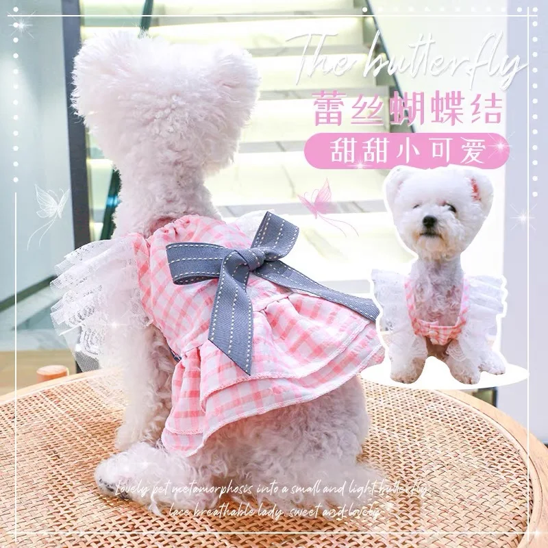 Pet Circle Petcircle Spring / Summer New Product Teddy Bear Princess Skirt Pink Check Bow Skirt Dog Clothes Girl Dog Dress Puppy