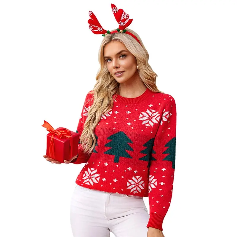 

Женский забавный рождественский свитер CYL с длинным рукавом, вязаный пуловер с милым оленем, елкой и снежинками