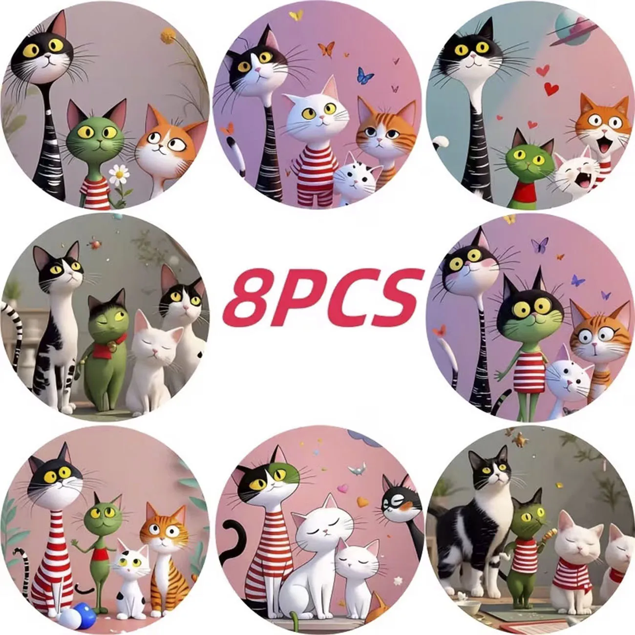 8-Piece Set - Cat Themed Wooden Coaster Set, Round, Durable Composite Wooden Coaster for Desktop Protection