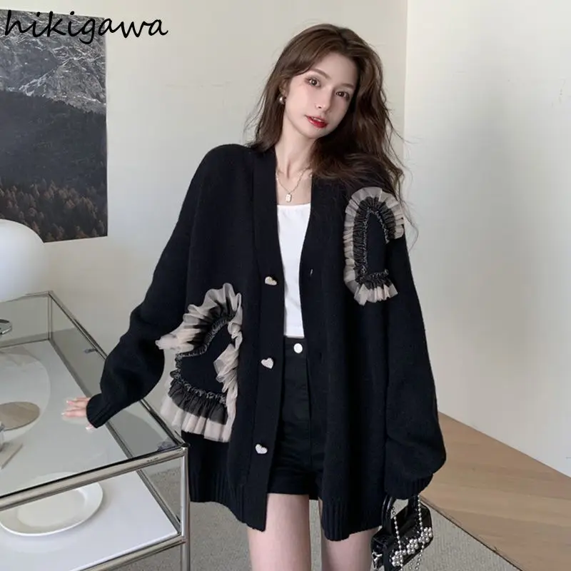 Cute Gauze Patchwork Cardigan Coat Women Sueter Mujer Casual Fashion Knit Oversized Sweater Pull Femme 2024 Fall Winter Clothing