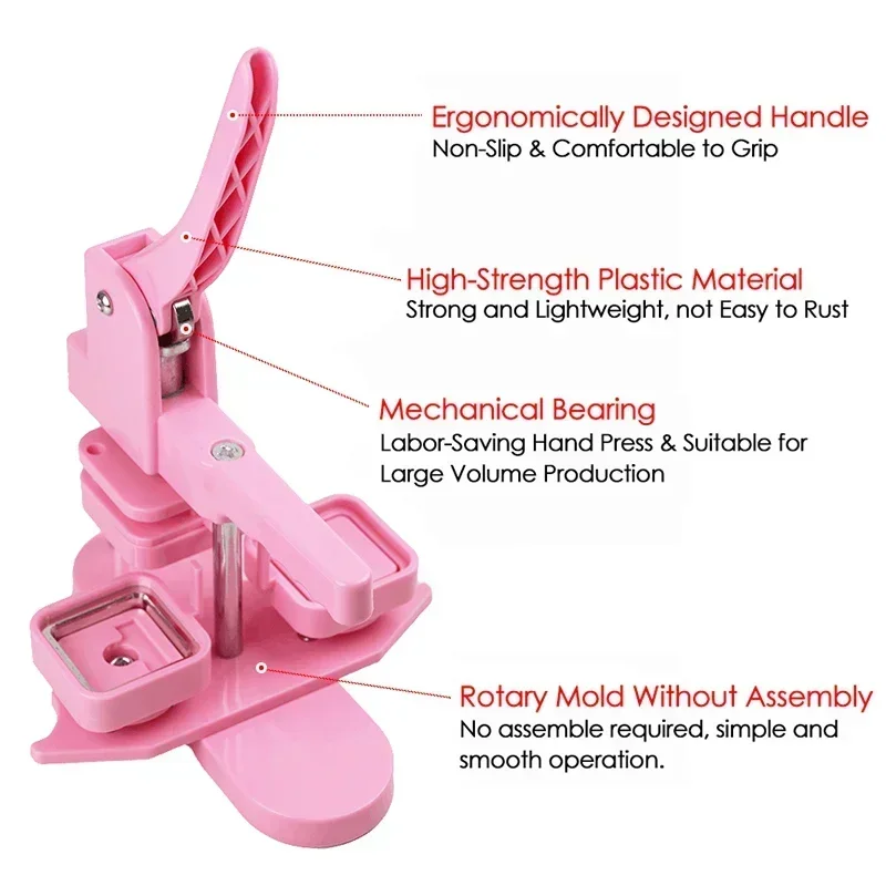 Pink Square Button Maker Machine 50MM Rotating Type Manual Press Machine for Making Refrigerator Magnets/Plastic-base Badge Pins