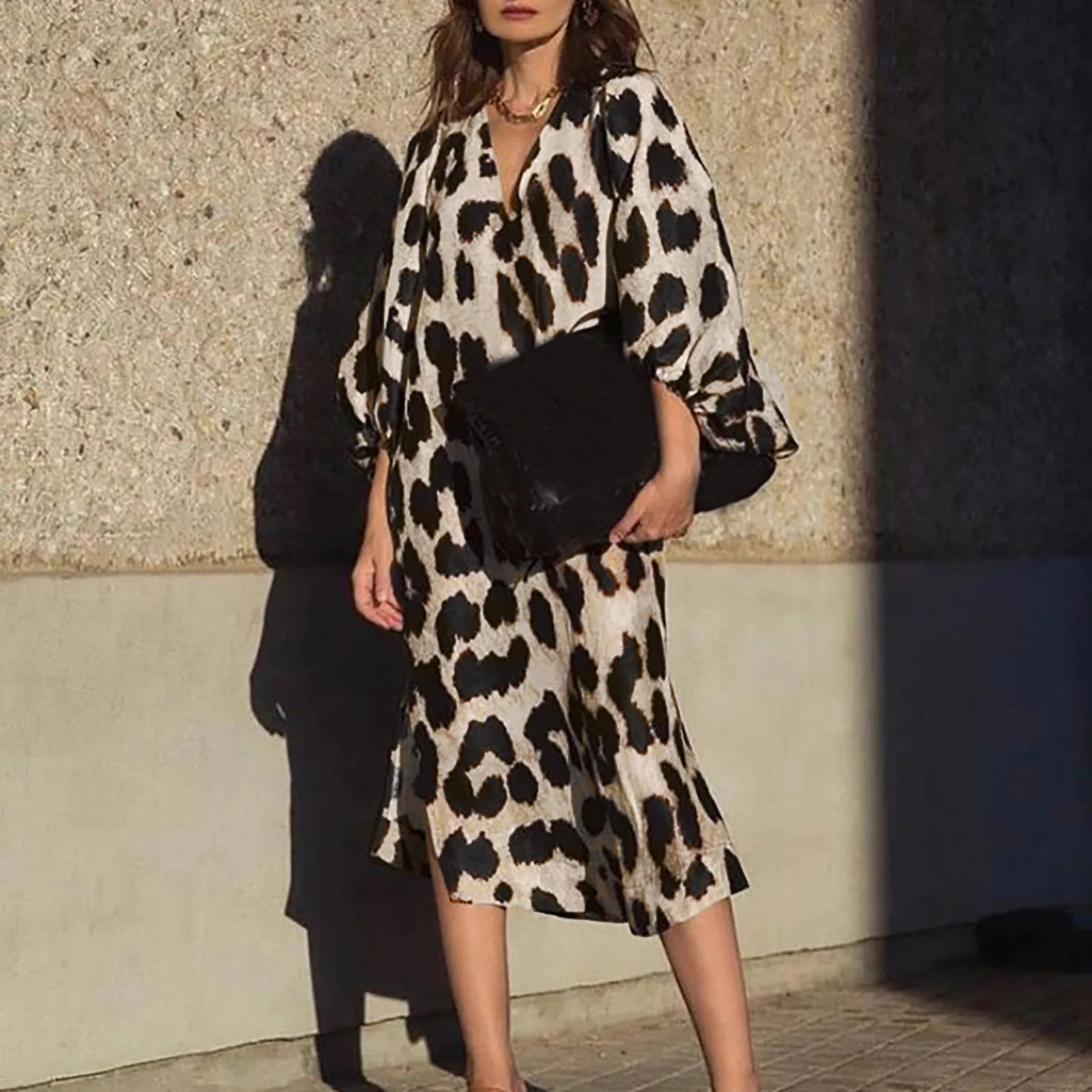 

Spring Autumn Sexy Leopard Print V Neck Long Dresses Casual Fashion Women Lantern Long sleeves Dresses Loose Elegant Party Dress