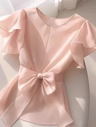 Women Blouse Korean Fashion Style Bow Shirt Summer Spring Korean Fashion Style Ruffle Sleeve Elegant Casual Solid Clothing