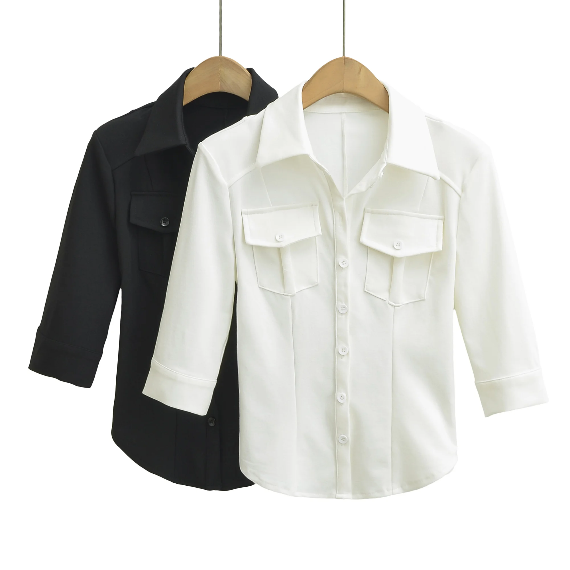 Spring Autumn Women Lapel Collar Slim Waist Cropped Shirt Half Sleeve Front 2 Pockets Dropped Blouses OL Tops White Black
