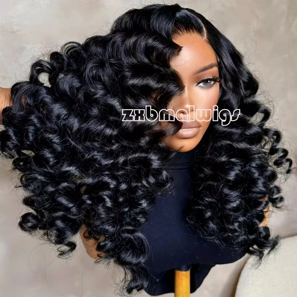 

ZXBMALWIGS синтетические волосы 13x4 парик фронта шнурка черные свободные вьющиеся парики бесклеевое термостойкое волокно парик шнурка косплей волокно