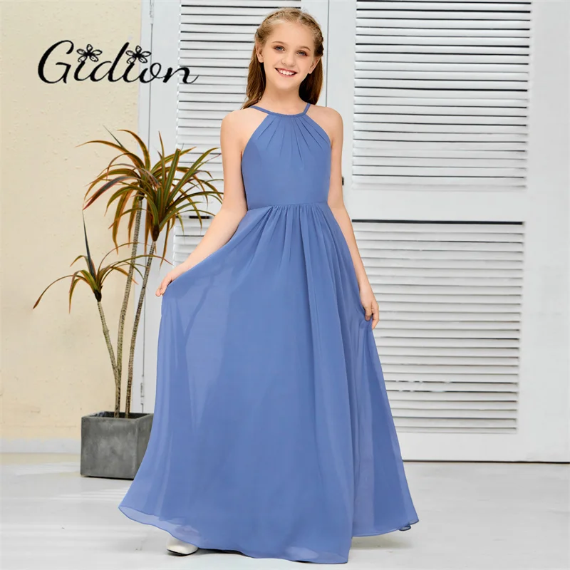 Chiffon Bridesmaid Dress com cintas de espaguete para crianças, cerimônia de casamento, aniversário, concurso, banquete de celebração Junior