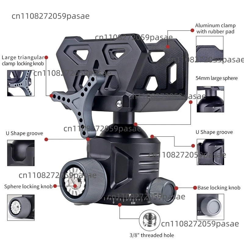 GD54 Professional Ball Head: 35kg heavy duty tripod head with 360 ° panoramic rotation and U-shaped groove