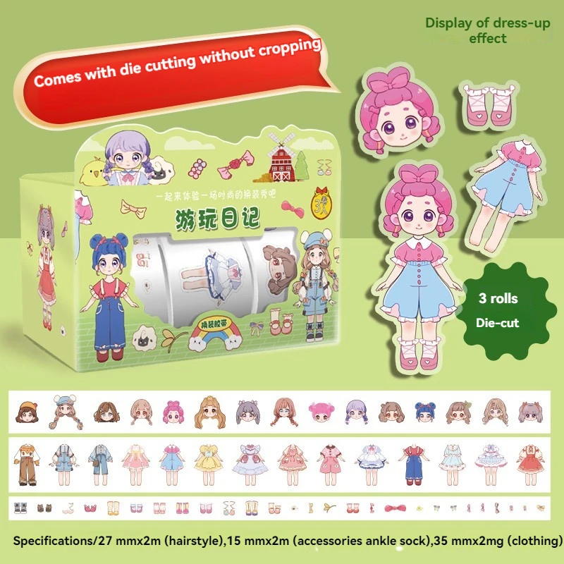 Cute Princess Dress Up Sticker Girl Cartoon Washi Tape Set Handbook Character Clothes Decoration Sticker Merry Christmas Gift