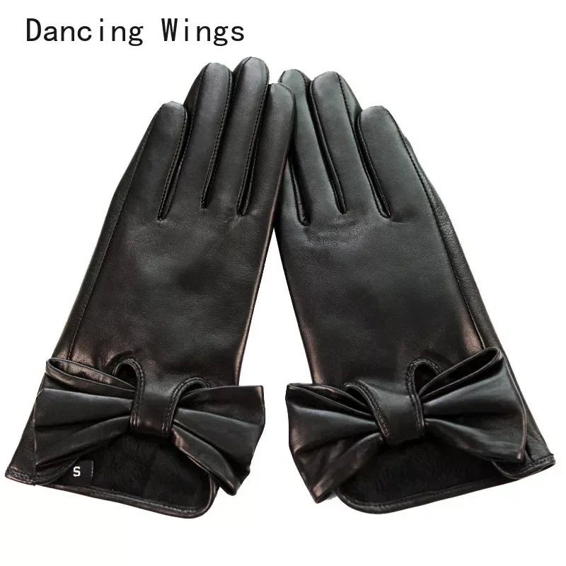 Autumn Winter Korean Fashion Bow Women's Black Soft Leather Sheepskin Women's Warm Gloves Touch Screen