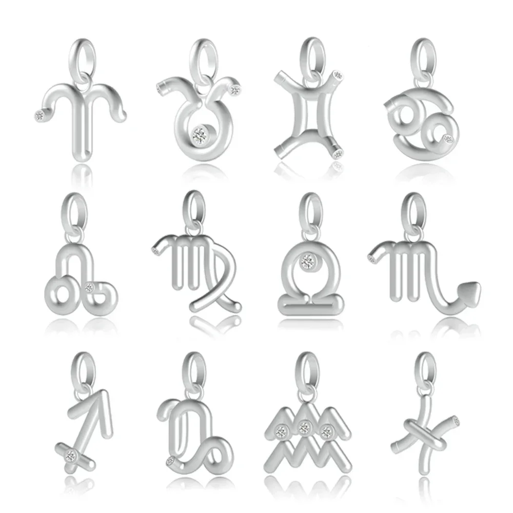 

Hot Sale 925 Sterling Silver Zircon Simple 12 Constellations Pendant Charm Fit Pan Bracelet DIY Women Jewelry Birthday Gift