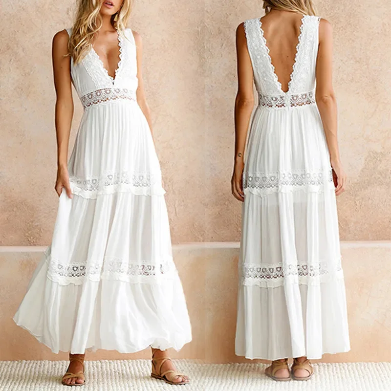 

2025 New Women Sexy Long Dress High Waist Sleeveless Summer Bohemian Lace Hollow Out White Maxi Robe Femme Clothes Vestidos