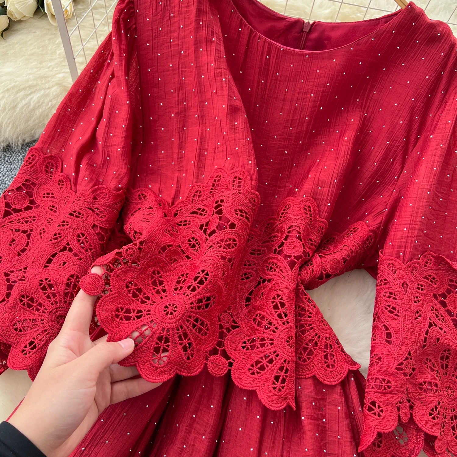 Schickes Vintage-Stil mit gespleißten Strasssteinen, schlank, elegante Fee, koreanische Mode, Boho-Sommerkleid, Damenbekleidung, langes Kleid