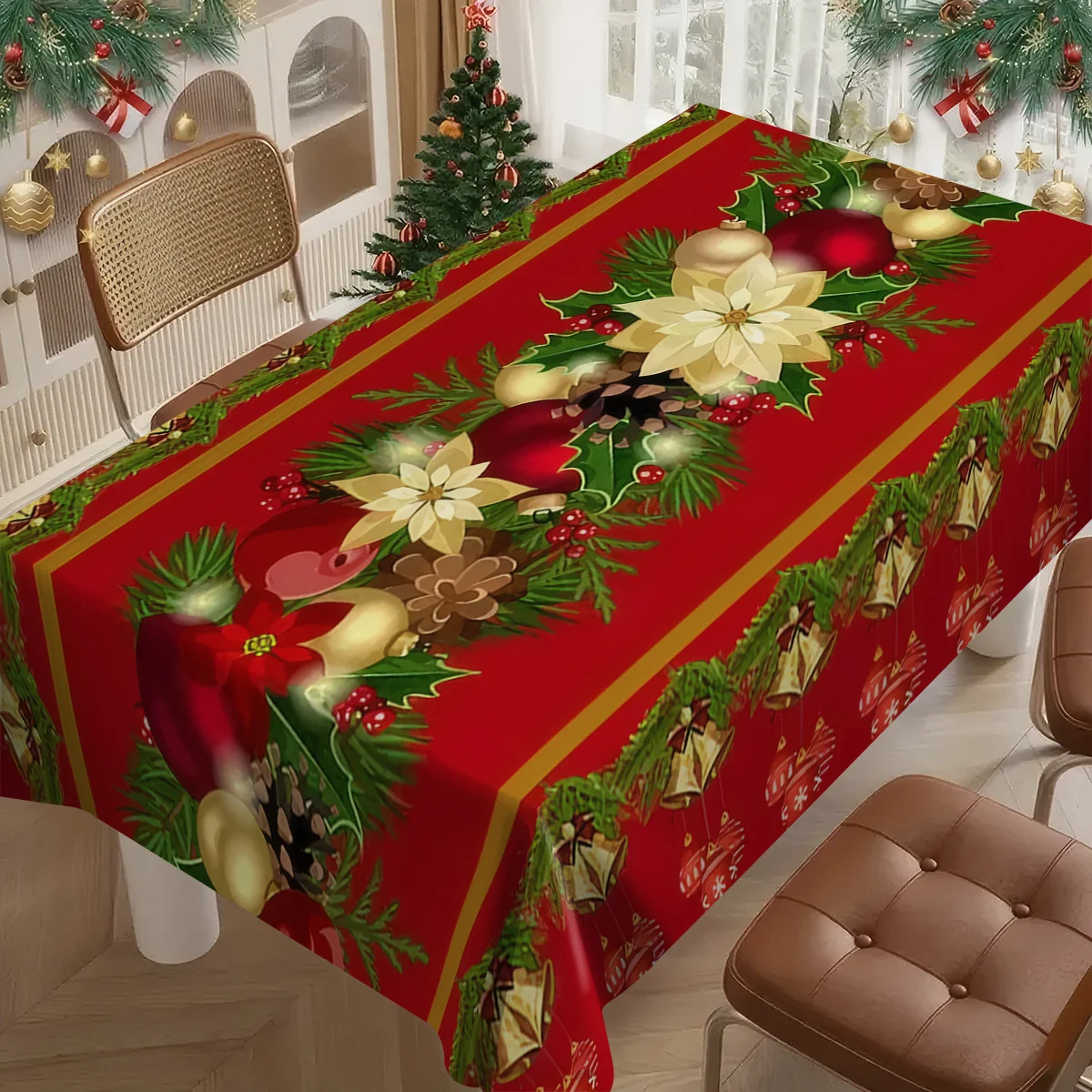 1pc Christmas Pine Branch Golden Ball Red Fruit Christmas Decoration Printed Storage Christmas Tablecloth Desktop Decoration
