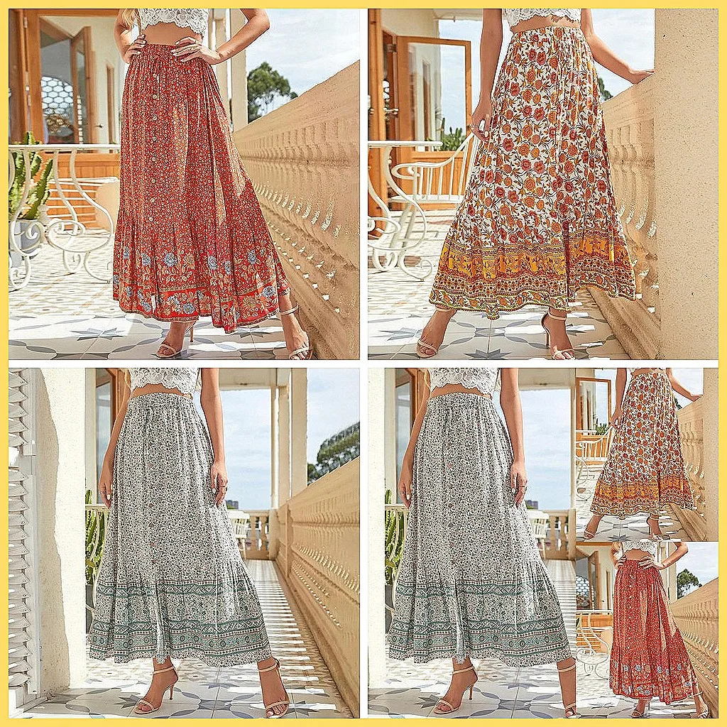 Bohemian Floral Print Beach Skirt for Women, High Waisted A-Line Summer Long Skirt