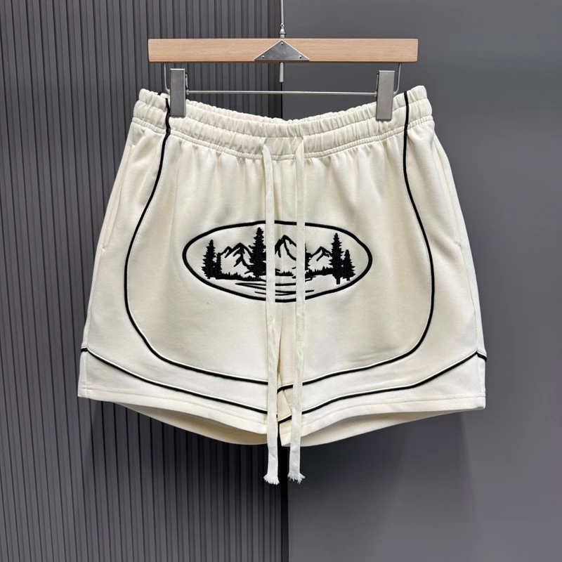 

Summer Trendy Embroidery Forest Island Label Casual Shortpants Men Women Drawstring Loose Shorts Beach Holiday Short Pants