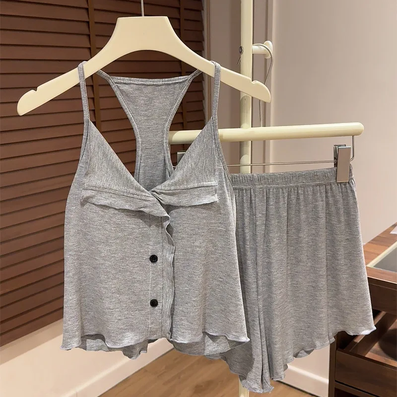 

Женские пижамы в летнем стиле с подушечками для бюстгальтера, камзолом и шортами, комплект из двух предметов, милая и простая домашняя одежда