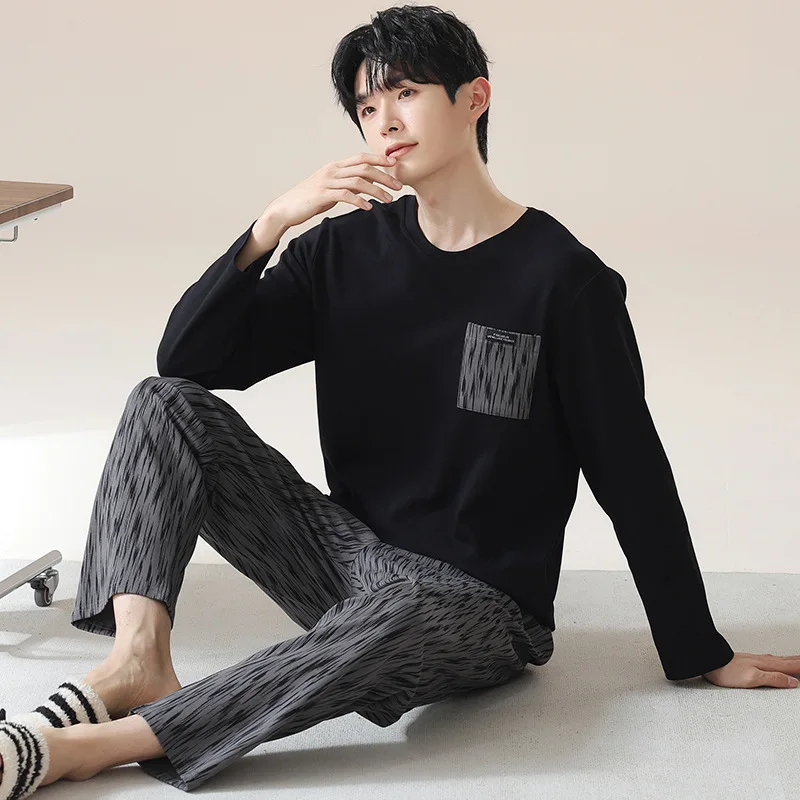 

Modal Pajamas Men's Long Sleeved Teenage Boys' Oversized Autumn and Winter Home Clothes Black Casual Simple Sleepwear Homewear