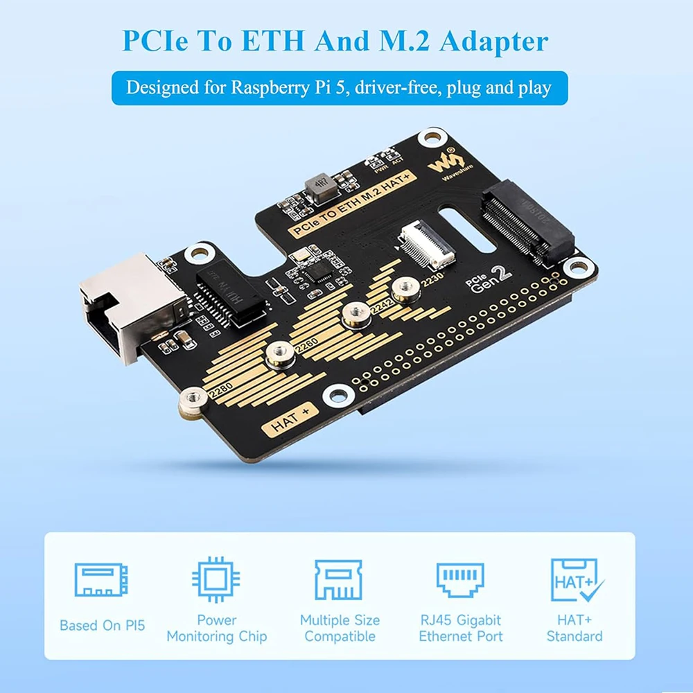 PCIe to Gigabit Ethernet and M.2 Adapter HAT Compatible with Raspberry Pi 5, Pi 5 NVMe HAT Support 2280/2260/2242/2230 NVMe M.2