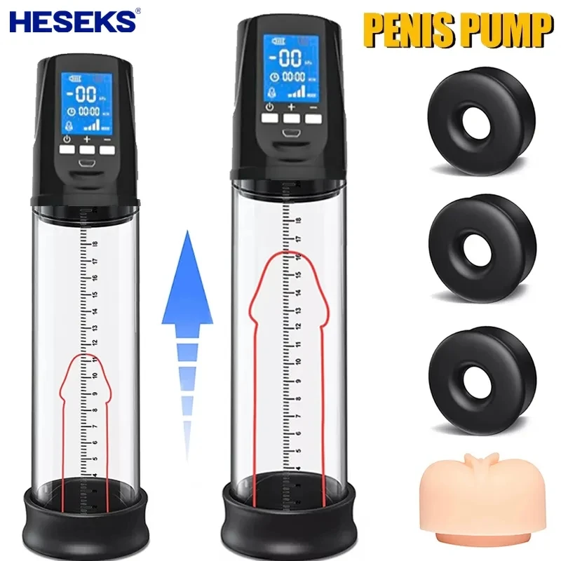 HESEKS LCD Electric Penis Pump Penis Enlargement Extend Pump Penis Trainer Male Masturbators Cup Dick Pump Sex Toys for Men