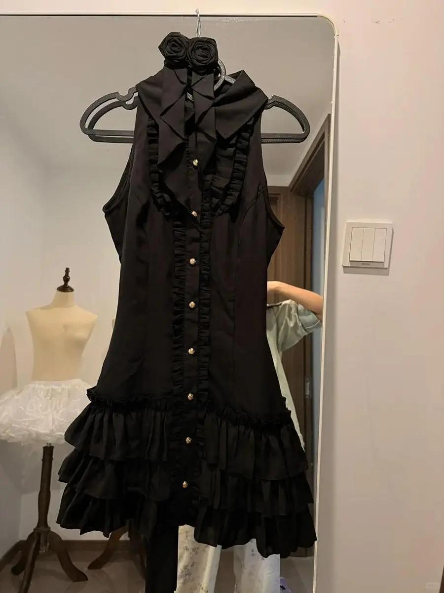 الصيف خمر لوليتا القوطية الجمالية سليم أكمام فستان أسود النساء Y2k فساتين Kawaii أنثى مثير رقيقة ألف خط فستان