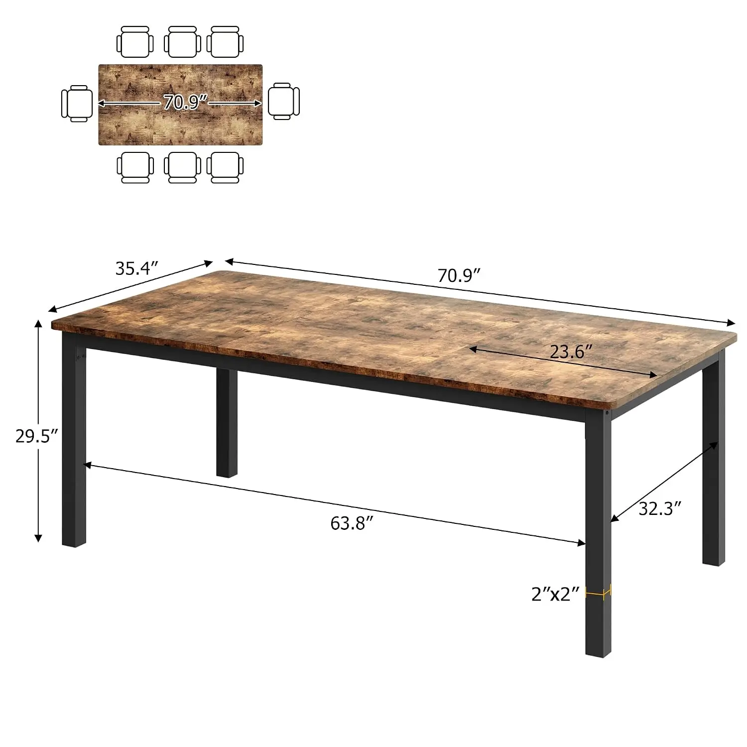 71 Inch Industrial Dining Table Metal Legs Round Corners Wooden Conference Desk for Dining Living Room Retro Brown, Customized