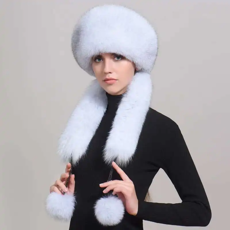 Winter Real Fur Hat Women Natural Fox Fur Russian Ushanka Hats Thick Warm Fluffy Female Tail Cap Fashion Bomber Snow Ski Caps