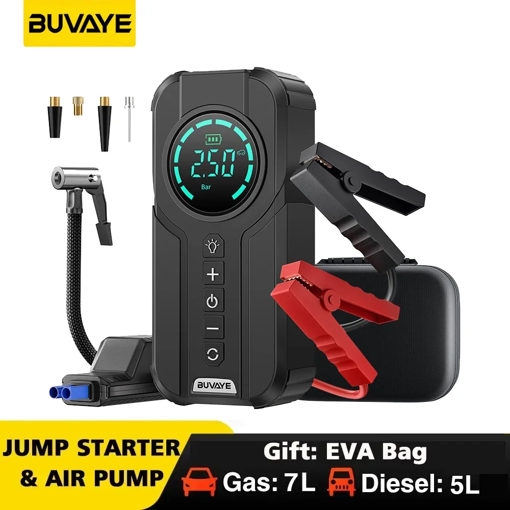 BUVAYE Car Multi-function Air Compressor Jump Starter Air Pump Convenient Tire Inflator Portable Battery Starter With EVA Bag