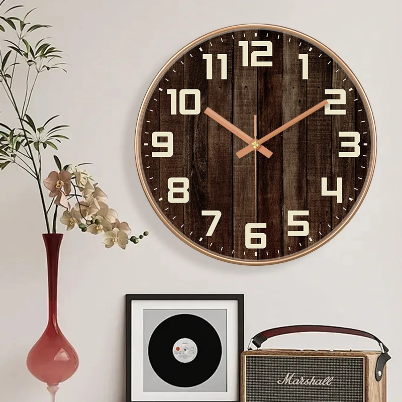 Vintage Rustic Wall Clock 2D Wood Grain Silent Noiseless Round Clock Farmhouse Style Decor for Living Room Kitchen Bedroom Home