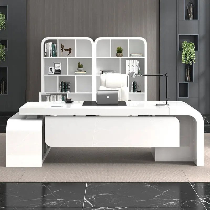 White painted office desk, large desk, minimalist modern creative general manager desk and chair combination