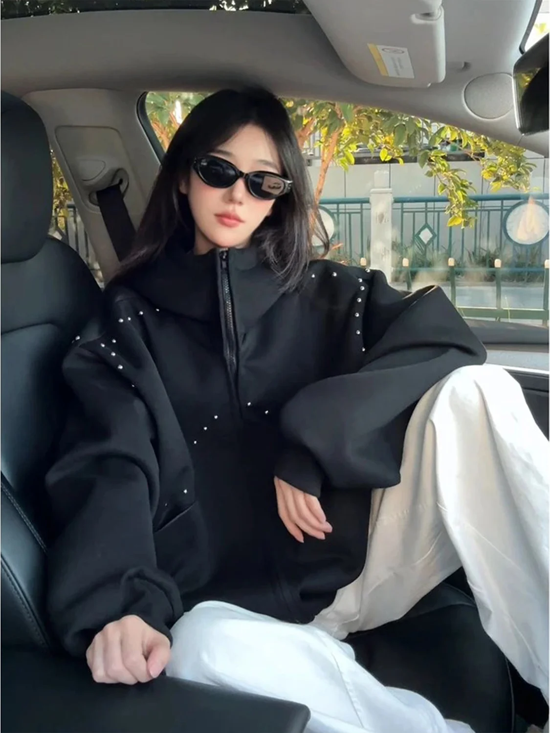 

Heavyweight Hooded Zipper Jaet Men's Casual Sle Splicing Design Willow Nail Sweatirt ey White Spotted Open Cardigan