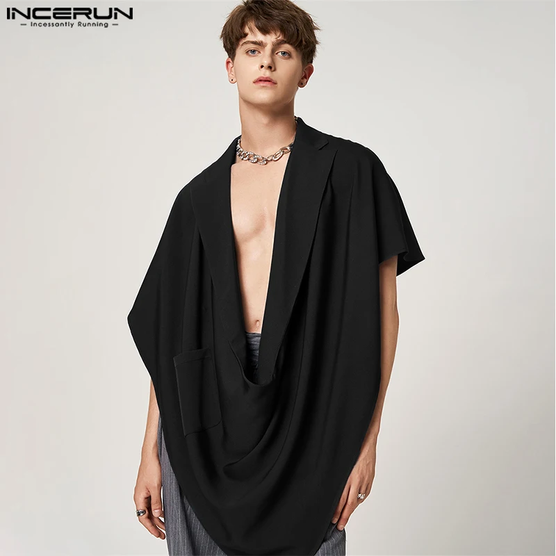 INCERUN 2024 Men Vests Solid Color Lapel Sleeveless Loose Casual Irregular Waistcoats Men Pockets Fashion Streetwear Cloak S-5XL