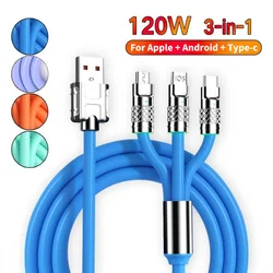 3in1 120W 6A Fast Charging Type C Micro USB Cable for iPhone Samsung Huawei Xiaomi LED Phone Charger Silicone Data Cord Wire