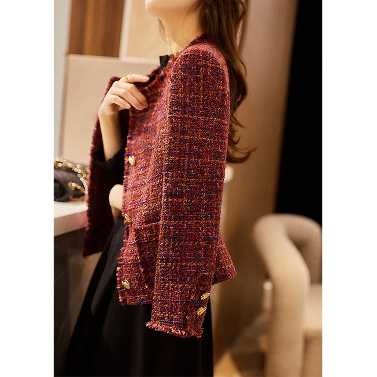 

Wool Xiaoxiangfeng jacket is high-end, red tweed short, winter wear women's 2024 spring top